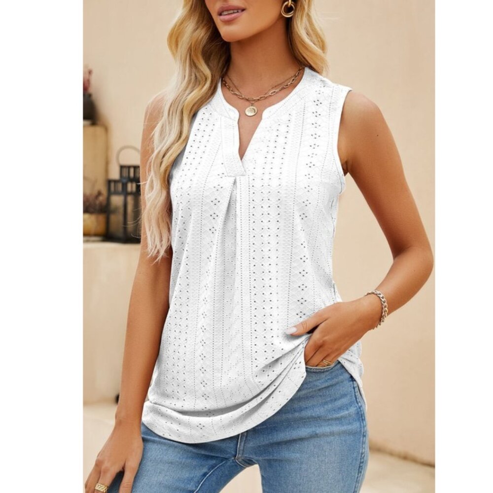White Eyelet Lace Sleeveless Tank top - Regular and Plus Size